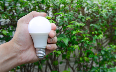LED bulb in man hand with lighting and green nature background
