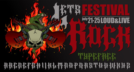 "Lets Rock". Festival invitation typeface poster with flames, crossed guitars, rattle snake and horned skull. Design for rock and biker festivals, t-shirt prints. 