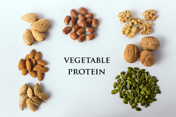 Different types of nuts and seeds. A full source of vegetable protein in vegetarianism and raw food. Assorted walnuts, almonds, pumpkin seeds and hazelnuts. Concept - healthy eating. Copy space. Text.