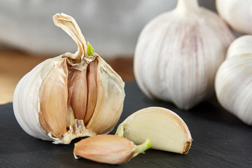 Garlic close up on wooden plate on black board,shallow depth of field, selective focus, macro