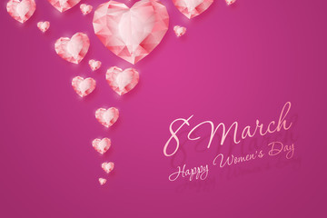 March 8, International Women's Day. Celebration concept, banner, poster, invitation, pink background, diamonds of the heart.
