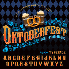 "Oktoberfest beer music food" typeface. Font set in vintage style with hops, beer mugs, pretzel and traditional Oktoberfest rhombus pattern on background.