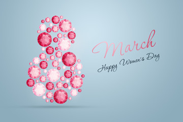 International Women's Day, March 8. The figure 8 is made up of pink diamonds, precious stones. Celebration concept, banner, poster, invitation, background.