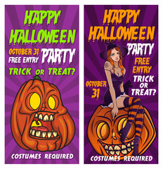 Halloween banners Set. Party invitation. Trick or Treat Stickers. Halloween menu design, poster.