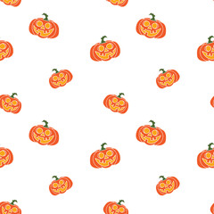 Seamless pattern with jack o lantern pumpkin on white background. Good for gift cards, invitation, textile, wrapping paper design.