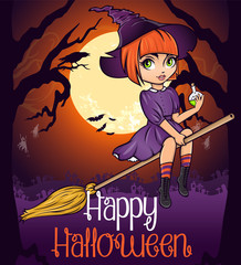 Halloween poster card. Cute pinup pink hair little witch on broom with bottle of poison on dark background with fool moon cemetery and ghosts.
