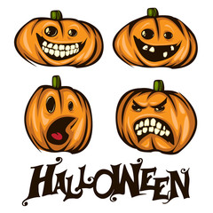 Halloween pumpkins mascot set. Good for icons, stickers, posters, invitation and greeting cards.	
