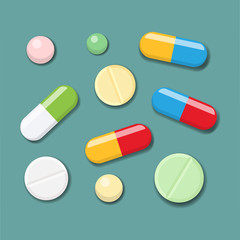 Pill and tablets, medicine isolated on background. Heap of capsules, drug. Healthcare. Medical vector illustration. Flat style