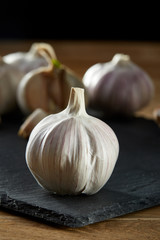 Garlic close up on black piece of board, shallow depth of field, selective focus, macro