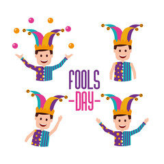 fools day set jokers character trick prank vector illustration