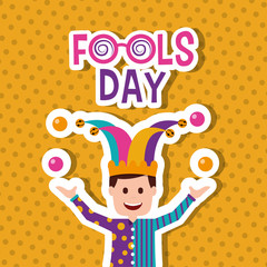 happy joker with jester hat and balls trick vector illustration