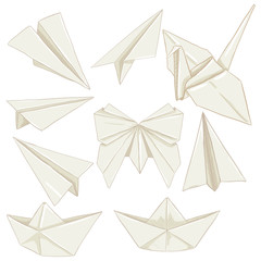 Vector Set of Cartoon Origami Paper Objects. Planes, Boats, Butterfly and Crane.