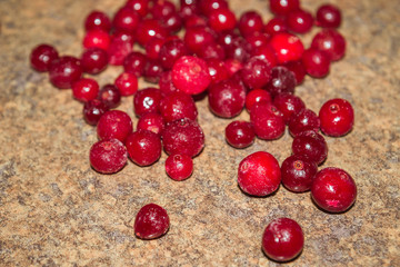 Cold frozen red berry cranberries on the table