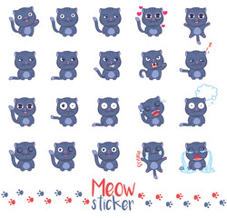 "Meow sticker" set. Vector illustrations of cute cat with different emotions. 