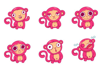 Pink monkey sticker emoji. Cute monkey mascots in cartoon style.