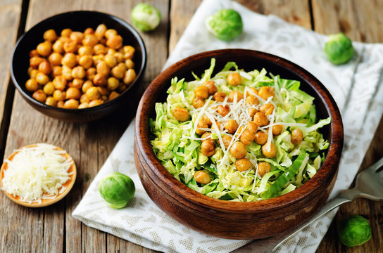 Shreded Brussels sprouts roasted chickpeas Parmesan salad