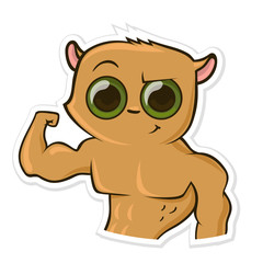 Sticker for messenger with funny animal. Hamster showing his muscles, biceps. Vector illustration, isolated on white background.