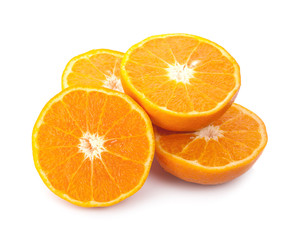 Half and slice of fresh orange fruit isolated on white background