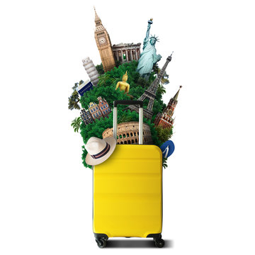 Yellow travel bag with world landmark, holiday and tourism