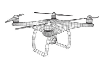Remote control air drone. Dron flying with action video camera. Wireframe low poly mesh vector illustration