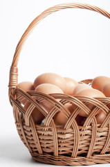 vintage basket full of hen eggs over white isolated background like Easter or bio farm meal concept 