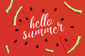 Hello summer text on red watermelon and lemon fruit background