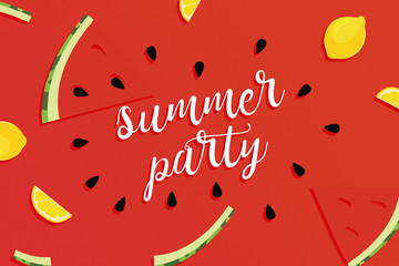 Summer party text on red watermelon and lemon fruit background