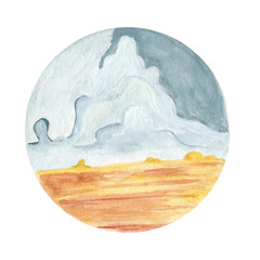 Watercolor landscape background. Clouds in the fields.