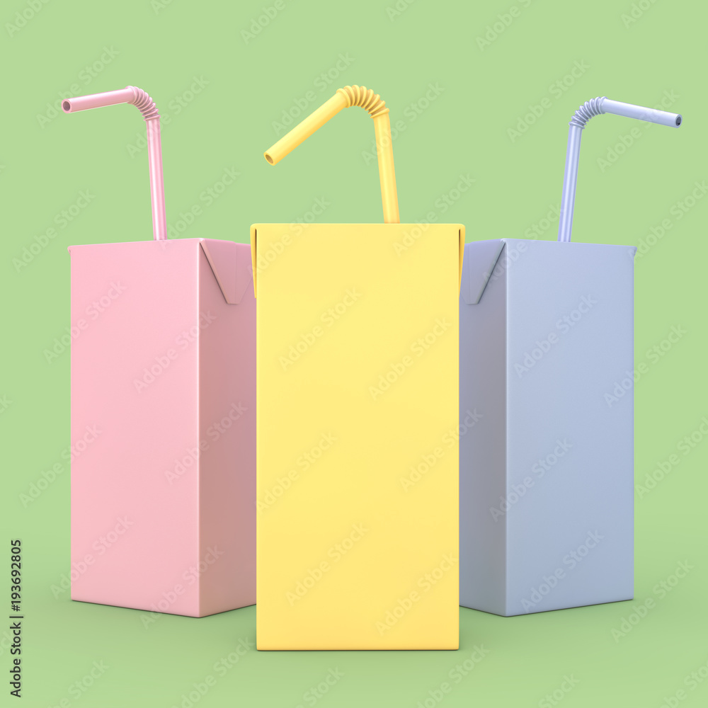 Aufkleber colored juice, yogurt or milk box with drinking straw and free space for yours design. 3d rendering