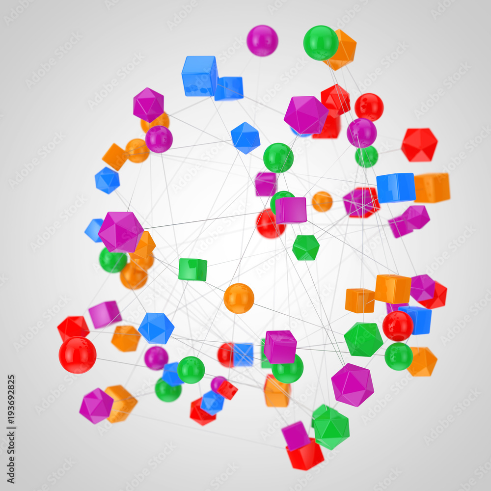 Fototapete network connections concept. abstract figures connected with lines. 3d rendering