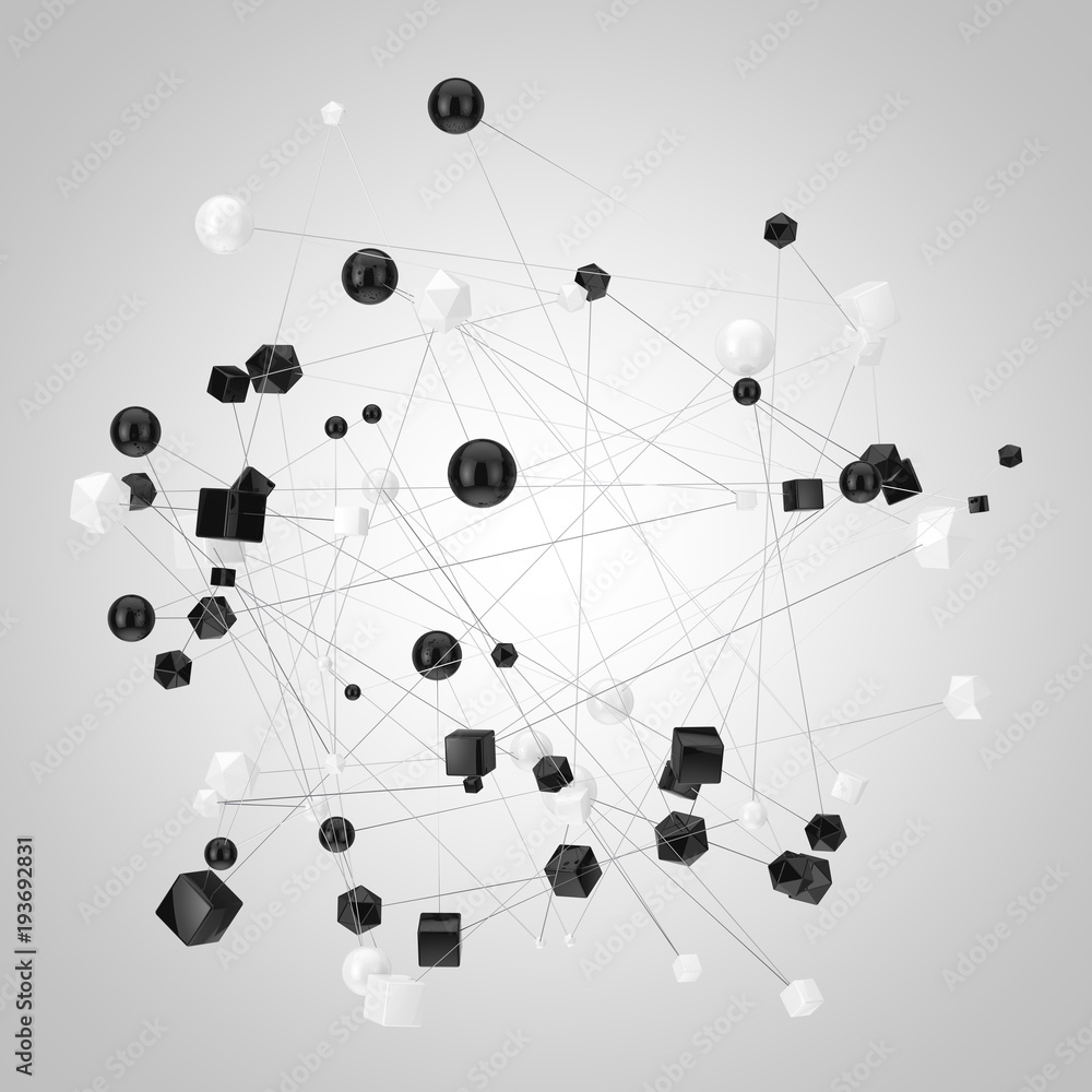 Aufkleber Network Connections Concept. Abstract Figures connected with Lines. 3d Rendering