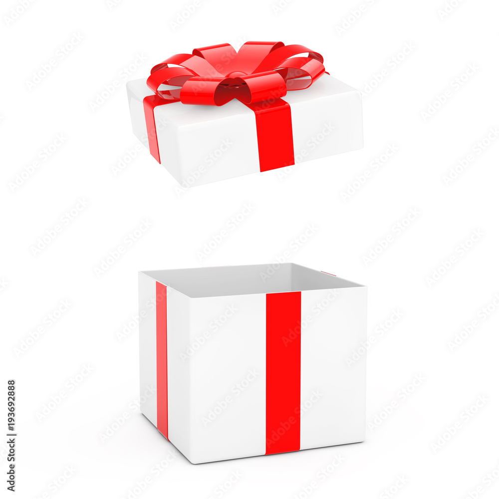 Poster opened white gift box with red ribbon. 3d rendering