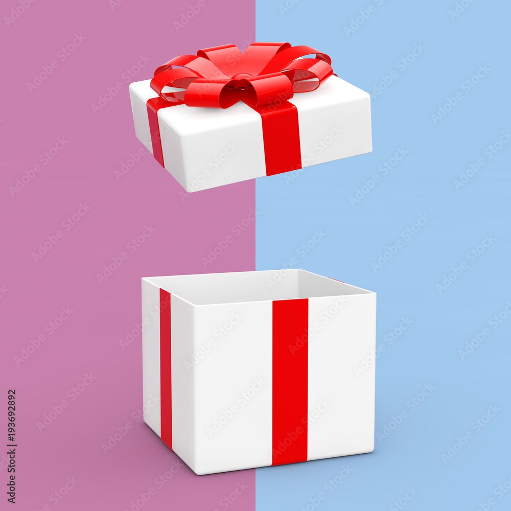 Poster opened white gift box with red ribbon. 3d rendering