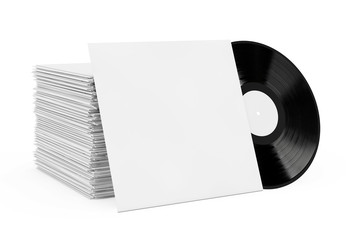 Old Vinyl Record Disk in Blank Paper Case with Free Space for Your Design near Stack of Record...