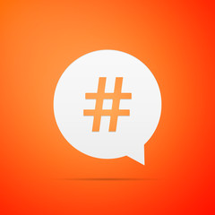 Obraz premium Hashtag in circle icon isolated on orange background. Social media symbol, concept of number sign, social media, micro blogging pr popularity. Flat design. Vector Illustration