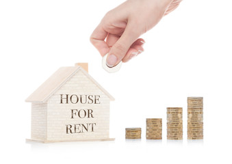 Wooden house model with coins next to it and hand