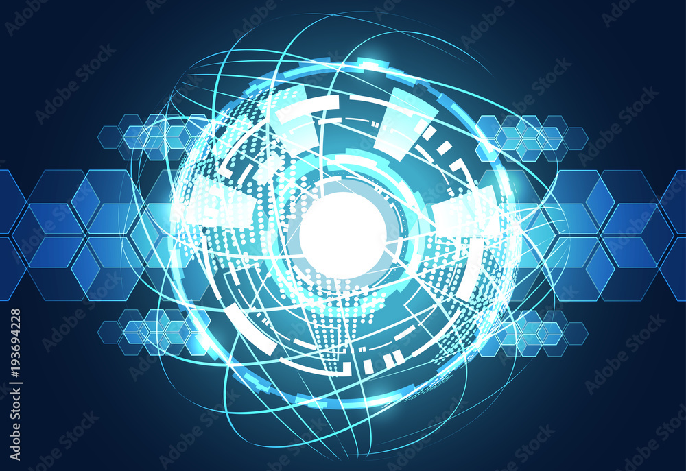 Poster abstract technology background concept world line blue digital map dot connection network internet o