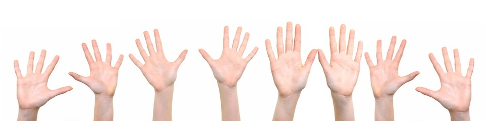 Group of caucasian white children is showing their hands with open palms on a white background in close-up ( high resolution).