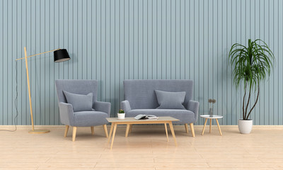 grey sofa and lamp on wooden floor in living room, 3D rendering