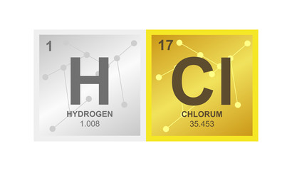 Vector symbol of hydrochloric acid or hydrogen chloride which consists of hydrogen and chlorine on the background from connected molecules
