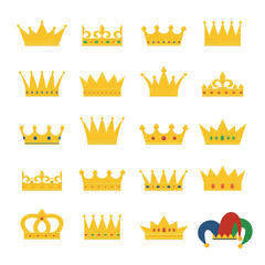 Set of gold crowns and jester's hat. Collection of crown awards for winners, champions, leadership. Vector isolated elements for logo, label, game, hotel, an app design. 
