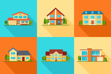 Set of modern city cottage houses, buildings icons, front view