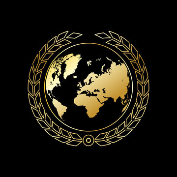 A golden globe with  wheaten wreath. Gold earth on a black background. Vector illustration.