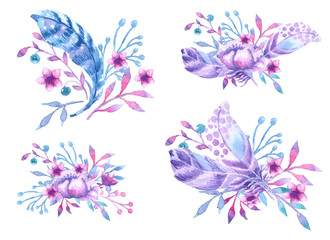 Fototapeta na wymiar Watercolor vignettes with flowers and feathers. Design for invitations, postcards, website, poster, banner