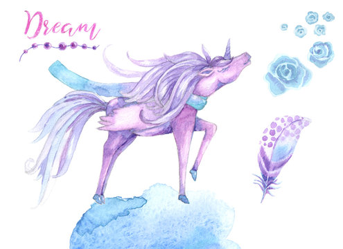 Watercolor design with a unicorn. Template for invitations, postcards, website, poster, banner