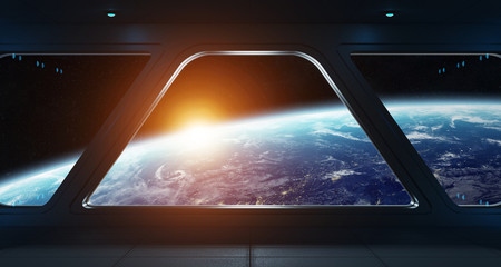 Spaceship futuristic interior with view on planet Earth © sdecoret