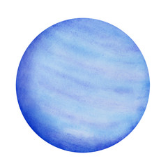 Neptune Planet Paint. Symbol of dreams, subconscious mind, inspiration, illusion, intuition, mercy, compassion. Hand drawn water colour gradient drawing on white backdrop, cutout. Colorful template.