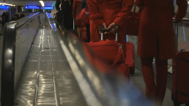 stewardesses on escalator with suitcases at airport.