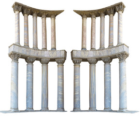 Ancient colonnade marble stone columns isolated on white background
