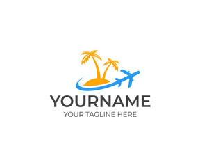 Obraz premium Palms on the island and a flying plane logo template. Travel vector design. Airplane and vacation in the resort illustration